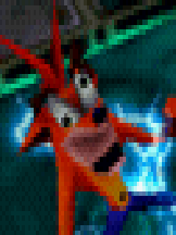 crash looking silly and his eyes look wild from crash bandicoot 2